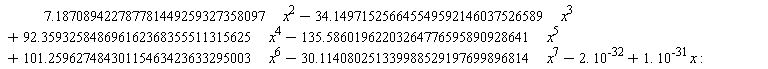 y1 := 7.187089422787781449259327358097*x^2-34.149715256645549592146037526589*x^3+92.359325848696162368355511315625*x^4-135.58601962203264776595890928641*x^5+101.25962748430115463423633295003*x^6-30.114080251339988529197699896814*x^7-2.*10^(-32)+1.*10^(-31)*x: