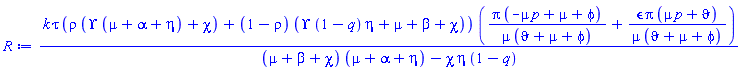 k*tau*(rho*(Upsilon*(mu+alpha+eta)+chi)+(1-rho)*(Upsilon*(1-q)*eta+mu+beta+chi))*(pi*(-mu*p+mu+phi)/(mu*(vartheta+mu+phi))+epsilon*pi*(mu*p+vartheta)/(mu*(vartheta+mu+phi)))/((mu+beta+chi)*(mu+alpha+eta)-chi*eta*(1-q))