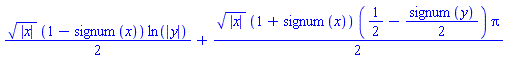 (1/2)*abs(x)^(1/2)*(1-signum(x))*ln(abs(y))+(1/2)*abs(x)^(1/2)*(1+signum(x))*(1/2-(1/2)*signum(y))*Pi
