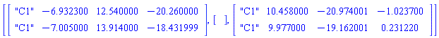 "[[[["C1",-6.932300,12.540000,-20.260000],["C1",-7.005000,13.914000,-18.431999]]],[[[]]],[[["C1",10.458000,-20.974001,-1.023700],["C1",9.977000,-19.162001,0.231220]]]]"