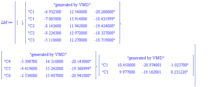 "[[[[]]],[[["generated by VMD"],["C1        -6.932300       12.540000      -20.260000"],["C1        -7.005000       13.914000      -18.431999"],["C2        -8.143600       11.942000      -19.424000"],["C2        -8.236300       12.972000      -18.327000"],["C3        -5.110600       12.270000      -18.719000"]]],[[["generated by VMD"],["C4        -5.390700       14.318000      -20.143000"],["C5        -4.419600       15.242000      -19.368999"],["C6        -2.534000       15.407000      -20.941000"]]],[[["generated by VMD"],["C1        10.458000      -20.974001       -1.023700"],["C1         9.977000      -19.162001        0.231220"]]]]"