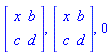 Matrix(2, 2, {(1, 1) = x, (1, 2) = b, (2, 1) = c, (2, 2) = d}), Matrix(2, 2, {(1, 1) = x, (1, 2) = b, (2, 1) = c, (2, 2) = d}), 0