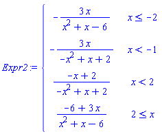 Expr2 := piecewise(x <= -2, -3*x/(x^2+x-6), x < -1, -3*x/(-x^2+x+2), x < 2, (-x+2)/(-x^2+x+2), 2 <= x, (-6+3*x)/(x^2+x-6))