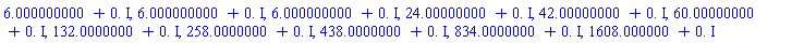 6.000000000+0.*I, 6.000000000+0.*I, 6.000000000+0.*I, 24.00000000+0.*I, 42.00000000+0.*I, 60.00000000+0.*I, 132.0000000+0.*I, 258.0000000+0.*I, 438.0000000+0.*I, 834.0000000+0.*I, 1608.000000+0.*I