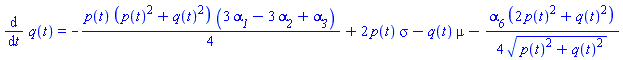 diff(q(t), t) = -(1/4)*p(t)*(p(t)^2+q(t)^2)*(3*alpha__1-3*alpha__2+alpha__3)+2*p(t)*sigma-q(t)*mu-(1/4)*alpha__6*(2*p(t)^2+q(t)^2)/(p(t)^2+q(t)^2)^(1/2)