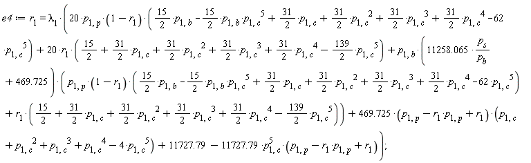 e4 := r[1] = lambda[1]*(20*p[1, p]*(1-r[1])*((15/2)*p[1, b]-(15/2)*p[1, b]*p[1, c]^5+(31/2)*p[1, c]+(31/2)*p[1, c]^2+(31/2)*p[1, c]^3+(31/2)*p[1, c]^4-62*p[1, c]^5)+20*r[1]*(15/2+(31/2)*p[1, c]+(31/2)*p[1, c]^2+(31/2)*p[1, c]^3+(31/2)*p[1, c]^4-(139/2)*p[1, c]^5)+p[1, b]*(11258.065*p[s]/p[b]+469.725)*(p[1, p]*(1-r[1])*((15/2)*p[1, b]-(15/2)*p[1, b]*p[1, c]^5+(31/2)*p[1, c]+(31/2)*p[1, c]^2+(31/2)*p[1, c]^3+(31/2)*p[1, c]^4-62*p[1, c]^5)+r[1]*(15/2+(31/2)*p[1, c]+(31/2)*p[1, c]^2+(31/2)*p[1, c]^3+(31/2)*p[1, c]^4-(139/2)*p[1, c]^5))+(469.725*(-p[1, p]*r[1]+p[1, p]+r[1]))*(-4*p[1, c]^5+p[1, c]^4+p[1, c]^3+p[1, c]^2+p[1, c])+11727.79-11727.79*p[1, c]^5*(-p[1, p]*r[1]+p[1, p]+r[1]))