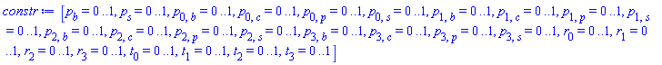 [p[b] = 0 .. 1, p[s] = 0 .. 1, p[0, b] = 0 .. 1, p[0, c] = 0 .. 1, p[0, p] = 0 .. 1, p[0, s] = 0 .. 1, p[1, b] = 0 .. 1, p[1, c] = 0 .. 1, p[1, p] = 0 .. 1, p[1, s] = 0 .. 1, p[2, b] = 0 .. 1, p[2, c] = 0 .. 1, p[2, p] = 0 .. 1, p[2, s] = 0 .. 1, p[3, b] = 0 .. 1, p[3, c] = 0 .. 1, p[3, p] = 0 .. 1, p[3, s] = 0 .. 1, r[0] = 0 .. 1, r[1] = 0 .. 1, r[2] = 0 .. 1, r[3] = 0 .. 1, t[0] = 0 .. 1, t[1] = 0 .. 1, t[2] = 0 .. 1, t[3] = 0 .. 1]