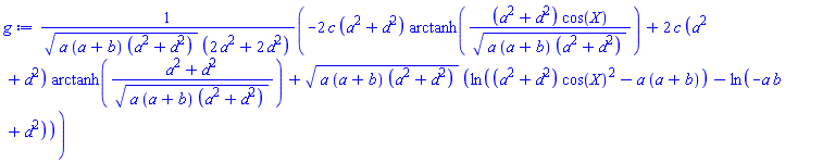 (-2*c*(a^2+d^2)*arctanh((a^2+d^2)*cos(X)/(a*(a+b)*(a^2+d^2))^(1/2))+2*c*(a^2+d^2)*arctanh((a^2+d^2)/(a*(a+b)*(a^2+d^2))^(1/2))+(a*(a+b)*(a^2+d^2))^(1/2)*(ln((a^2+d^2)*cos(X)^2-a*(a+b))-ln(-a*b+d^2)))/((a*(a+b)*(a^2+d^2))^(1/2)*(2*a^2+2*d^2))