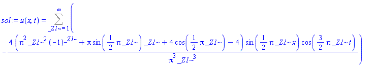 u(x, t) = Sum(-4*(Pi^2*_Z1^2*(-1)^_Z1+Pi*sin((1/2)*Pi*_Z1)*_Z1+4*cos((1/2)*Pi*_Z1)-4)*sin((1/2)*Pi*_Z1*x)*cos((3/2)*Pi*_Z1*t)/(Pi^3*_Z1^3), _Z1 = 1 .. infinity)
