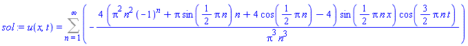 u(x, t) = Sum(-4*(Pi^2*n^2*(-1)^n+Pi*sin((1/2)*Pi*n)*n+4*cos((1/2)*Pi*n)-4)*sin((1/2)*Pi*n*x)*cos((3/2)*Pi*n*t)/(Pi^3*n^3), n = 1 .. infinity)