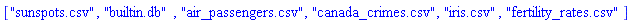 ["sunspots.csv", "builtin.db", "air_passengers.csv", "canada_crimes.csv", "iris.csv", "fertility_rates.csv"]