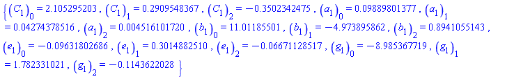 {C[1][0] = 2.105295203, C[1][1] = .2909548367, C[1][2] = -.3502342475, a[1][0] = 0.9889801377e-1, a[1][1] = 0.4274378516e-1, a[1][2] = 0.4516101720e-2, b[1][0] = 11.01185501, b[1][1] = -4.973895862, b[1][2] = .8941055143, e[1][0] = -0.9631802686e-1, e[1][1] = .3014882510, e[1][2] = -0.6671128517e-1, g[1][0] = -8.985367719, g[1][1] = 1.782331021, g[1][2] = -.1143622028}