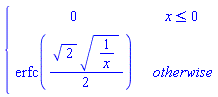 piecewise(x <= 0, 0, erfc((1/2)*sqrt(2)*sqrt(1/x)))