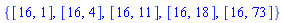 {[16, 1], [16, 4], [16, 11], [16, 18], [16, 73]}