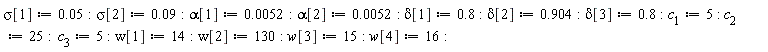 sigma[1] := 0.5e-1; sigma[2] := 0.9e-1; alpha[1] := 0.52e-2; alpha[2] := 0.52e-2; delta[1] := .8; delta[2] := .904; delta[3] := .8; c[1] := 5; c[2] := 25; c[3] := 5; w[1] := 14; w[2] := 130; w[3] := 15; w[4] := 16