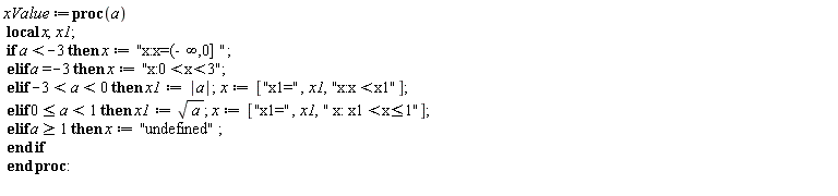 xValue := proc (a) local x, x1; if a < -3 then x := "x:x=(-&infin;,0] " elif a = -3 then x := "x:0<x<3" elif -3 < a and a < 0 then x1 := abs(a); x := ["x1=", x1, "x:x<x1"] elif 0 <= a and a < 1 then x1 := sqrt(a); x := ["x1=", x1, " x: x1<x&le;1"] elif 1 <= a then x := "undefined" end if end proc