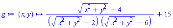 proc (x, y) options operator, arrow; (sqrt(x^2+y^2)-4)/((sqrt(x^2+y^2)-2)*(sqrt(x^2+y^2)-6))+15 end proc