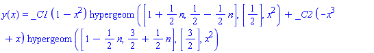 y(x) = _C1*(1-x^2)*hypergeom([1+(1/2)*n, 1/2-(1/2)*n], [1/2], x^2)+_C2*(-x^3+x)*hypergeom([1-(1/2)*n, 3/2+(1/2)*n], [3/2], x^2)