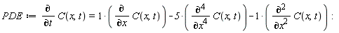 PDE := diff(C(x, t), t) = diff(C(x, t), x)-5*(diff(C(x, t), x, x, x, x))-(diff(C(x, t), x, x)):