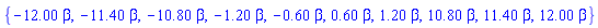 {-12.00*beta, -11.40*beta, -10.80*beta, -1.20*beta, -.60*beta, .60*beta, 1.20*beta, 10.80*beta, 11.40*beta, 12.00*beta}