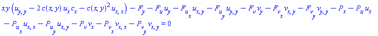x*y*(diff(diff(u(x, y), y), y)-2*c(x, y)*(diff(u(x, y), x))*(diff(c(x, y), x))-c(x, y)^2*(diff(diff(u(x, y), x), x)))-(diff(F(x, y, u, u[x], u[y], v, v[x], v[y]), y))-(diff(F(x, y, u, u[x], u[y], v, v[x], v[y]), u))*u[y]-(diff(F(x, y, u, u[x], u[y], v, v[x], v[y]), u[x]))*u[x, y]-(diff(F(x, y, u, u[x], u[y], v, v[x], v[y]), u[y]))*u[y, y]-(diff(F(x, y, u, u[x], u[y], v, v[x], v[y]), v))*v[y]-(diff(F(x, y, u, u[x], u[y], v, v[x], v[y]), v[x]))*v[x, y]-(diff(F(x, y, u, u[x], u[y], v, v[x], v[y]), v[y]))*v[y, y]-(diff(P(x, y, u, u[x], u[y], v, v[x], v[y]), x))-(diff(P(x, y, u, u[x], u[y], v, v[x], v[y]), u))*u[x]-(diff(P(x, y, u, u[x], u[y], v, v[x], v[y]), u[x]))*u[x, x]-(diff(P(x, y, u, u[x], u[y], v, v[x], v[y]), u[y]))*u[x, y]-(diff(P(x, y, u, u[x], u[y], v, v[x], v[y]), v))*v[x]-(diff(P(x, y, u, u[x], u[y], v, v[x], v[y]), v[x]))*v[x, x]-(diff(P(x, y, u, u[x], u[y], v, v[x], v[y]), v[y]))*v[x, y] = 0