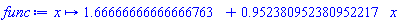 proc (x) options operator, arrow; HFloat(1.6666666666666676)+HFloat(0.9523809523809522)*x end proc