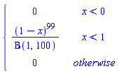 piecewise(x < 0, 0, x < 1, (1-x)^99/Beta(1, 100), 0)