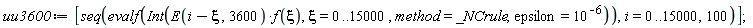uu3600 := [seq(evalf(Int(E(i-xi, 3600)*f(xi), xi = 0 .. 15000, method = _NCrule, epsilon = 10^(-6))), i = 0 .. 15000, 100)]