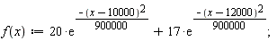 "f(x):=20*(e)^((-(x-10000)^(2))/(900000))+17*(e)^((-(x-12000)^(2))/(900000));"