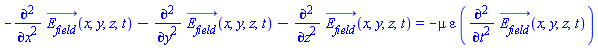 -(diff(diff(E__field_(x, y, z, t), x), x))-(diff(diff(E__field_(x, y, z, t), y), y))-(diff(diff(E__field_(x, y, z, t), z), z)) = -mu*varepsilon*(diff(diff(E__field_(x, y, z, t), t), t))