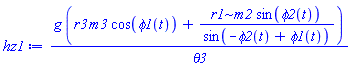 g*(r3*m3*cos(phi1(t))+r1*m2*sin(phi2(t))/sin(-phi2(t)+phi1(t)))/theta3