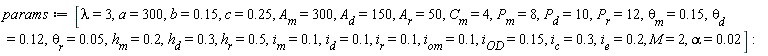 params := [lambda = 3, a = 300, b = .15, c = .25, A__m = 300, A__d = 150, A__r = 50, C__m = 4, P__m = 8, P__d = 10, P__r = 12, `&theta;__m` = .15, `&theta;__d` = .12, `&theta;__r` = 0.5e-1, h__m = .2, h__d = .3, h__r = .5, i__m = .1, i__d = .1, i__r = .1, i__om = .1, i__OD = .15, i__c = .3, i__e = .2, M = 2, alpha = 0.2e-1]