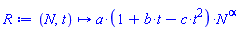 proc (N, t) options operator, arrow, function_assign; a*(1+b*t-c*t^2)*N^alpha end proc