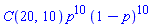 %binomial(20, 10)*p^10*(1-p)^10