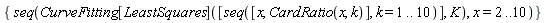 {seq(CurveFitting[LeastSquares]([seq([x, CardRatio(x, k)], k = 1 .. 10)], K), x = 2 .. 10)}