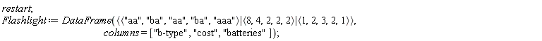 restart; Flashlight := DataFrame(`<|>`(`<,>`("aa", "ba", "aa", "ba", "aaa"), `<,>`(8, 4, 2, 2, 2), `<,>`(1, 2, 3, 2, 1)), columns = ["b-type", "cost", "batteries"])