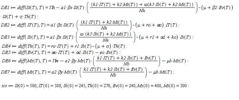 DE1 := diff(St(T), T) = `&Pi;h`-a1*`&beta;x`*St(T)*(k1*IT(T)+k2*Mi(T)+omega(k3*Ib(T)+k2*Mi(T)))/Nh-(mu+beta2*Ev(T))*St(T)+sigma*Th(T):