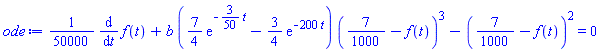 (1/50000)*(diff(f(t), t))+b*((7/4)*exp(-(3/50)*t)-(3/4)*exp(-200*t))*(7/1000-f(t))^3-(7/1000-f(t))^2 = 0