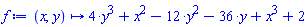 proc (x, y) options operator, arrow; 4*y^3+x^2-12*y^2-36*y+x^3+2 end proc