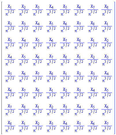 Matrix(8, 8, {(1, 1) = chi[1]/Pi^(3/2), (1, 2) = chi[2]/Pi^(3/2), (1, 3) = chi[3]/Pi^(3/2), (1, 4) = chi[4]/Pi^(3/2), (1, 5) = chi[5]/Pi^(3/2), (1, 6) = chi[6]/Pi^(3/2), (1, 7) = chi[7]/Pi^(3/2), (1, 8) = chi[8]/Pi^(3/2), (2, 1) = chi[2]/Pi^(3/2), (2, 2) = chi[3]/Pi^(3/2), (2, 3) = chi[4]/Pi^(3/2), (2, 4) = chi[5]/Pi^(3/2), (2, 5) = chi[6]/Pi^(3/2), (2, 6) = chi[7]/Pi^(3/2), (2, 7) = chi[8]/Pi^(3/2), (2, 8) = chi[1]/Pi^(3/2), (3, 1) = chi[3]/Pi^(3/2), (3, 2) = chi[4]/Pi^(3/2), (3, 3) = chi[5]/Pi^(3/2), (3, 4) = chi[6]/Pi^(3/2), (3, 5) = chi[7]/Pi^(3/2), (3, 6) = chi[8]/Pi^(3/2), (3, 7) = chi[1]/Pi^(3/2), (3, 8) = chi[2]/Pi^(3/2), (4, 1) = chi[4]/Pi^(3/2), (4, 2) = chi[5]/Pi^(3/2), (4, 3) = chi[6]/Pi^(3/2), (4, 4) = chi[7]/Pi^(3/2), (4, 5) = chi[8]/Pi^(3/2), (4, 6) = chi[1]/Pi^(3/2), (4, 7) = chi[2]/Pi^(3/2), (4, 8) = chi[3]/Pi^(3/2), (5, 1) = chi[5]/Pi^(3/2), (5, 2) = chi[6]/Pi^(3/2), (5, 3) = chi[7]/Pi^(3/2), (5, 4) = chi[8]/Pi^(3/2), (5, 5) = chi[1]/Pi^(3/2), (5, 6) = chi[2]/Pi^(3/2), (5, 7) = chi[3]/Pi^(3/2), (5, 8) = chi[4]/Pi^(3/2), (6, 1) = chi[6]/Pi^(3/2), (6, 2) = chi[7]/Pi^(3/2), (6, 3) = chi[8]/Pi^(3/2), (6, 4) = chi[1]/Pi^(3/2), (6, 5) = chi[2]/Pi^(3/2), (6, 6) = chi[3]/Pi^(3/2), (6, 7) = chi[4]/Pi^(3/2), (6, 8) = chi[5]/Pi^(3/2), (7, 1) = chi[7]/Pi^(3/2), (7, 2) = chi[8]/Pi^(3/2), (7, 3) = chi[1]/Pi^(3/2), (7, 4) = chi[2]/Pi^(3/2), (7, 5) = chi[3]/Pi^(3/2), (7, 6) = chi[4]/Pi^(3/2), (7, 7) = chi[5]/Pi^(3/2), (7, 8) = chi[6]/Pi^(3/2), (8, 1) = chi[8]/Pi^(3/2), (8, 2) = chi[1]/Pi^(3/2), (8, 3) = chi[2]/Pi^(3/2), (8, 4) = chi[3]/Pi^(3/2), (8, 5) = chi[4]/Pi^(3/2), (8, 6) = chi[5]/Pi^(3/2), (8, 7) = chi[6]/Pi^(3/2), (8, 8) = chi[7]/Pi^(3/2)})