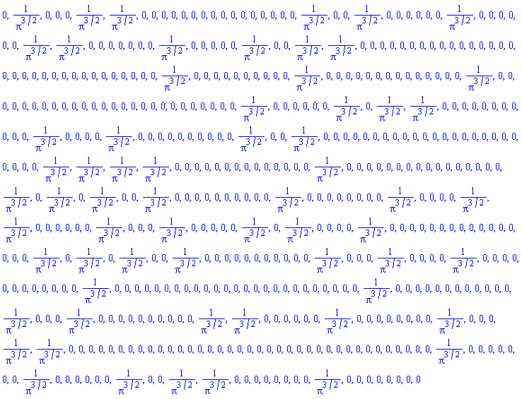 0, 1/Pi^(3/2), 0, 0, 0, 1/Pi^(3/2), 1/Pi^(3/2), 0, 0, 0, 0, 0, 0, 0, 0, 0, 0, 0, 0, 0, 0, 0, 0, 1/Pi^(3/2), 0, 0, 1/Pi^(3/2), 0, 0, 0, 0, 0, 0, 1/Pi^(3/2), 0, 0, 0, 0, 0, 0, 1/Pi^(3/2), 1/Pi^(3/2), 0, 0, 0, 0, 0, 0, 0, 1/Pi^(3/2), 0, 0, 0, 0, 0, 1/Pi^(3/2), 0, 0, 1/Pi^(3/2), 1/Pi^(3/2), 0, 0, 0, 0, 0, 0, 0, 0, 0, 0, 0, 0, 0, 0, 0, 0, 0, 0, 0, 0, 0, 0, 0, 0, 0, 0, 0, 0, 0, 0, 0, 0, 1/Pi^(3/2), 0, 0, 0, 0, 0, 0, 0, 0, 0, 0, 1/Pi^(3/2), 0, 0, 0, 0, 0, 0, 0, 0, 0, 0, 0, 0, 0, 0, 1/Pi^(3/2), 0, 0, 0, 0, 0, 0, 0, 0, 0, 0, 0, 0, 0, 0, 0, 0, 0, 0, 0, 0, 0, 0, 0, 0, 0, 0, 1/Pi^(3/2), 0, 0, 0, 0, 0, 0, 1/Pi^(3/2), 0, 1/Pi^(3/2), 1/Pi^(3/2), 0, 0, 0, 0, 0, 0, 0, 0, 0, 0, 0, 1/Pi^(3/2), 0, 0, 0, 0, 1/Pi^(3/2), 0, 0, 0, 0, 0, 0, 0, 0, 0, 0, 1/Pi^(3/2), 0, 0, 1/Pi^(3/2), 0, 0, 0, 0, 0, 0, 0, 0, 0, 0, 0, 0, 0, 0, 0, 0, 0, 0, 0, 0, 0, 0, 0, 0, 1/Pi^(3/2), 1/Pi^(3/2), 1/Pi^(3/2), 1/Pi^(3/2), 0, 0, 0, 0, 0, 0, 0, 0, 0, 0, 0, 0, 0, 0, 1/Pi^(3/2), 0, 0, 0, 0, 0, 0, 0, 0, 0, 0, 0, 0, 0, 0, 0, 0, 1/Pi^(3/2), 0, 1/Pi^(3/2), 0, 1/Pi^(3/2), 0, 0, 1/Pi^(3/2), 0, 0, 0, 0, 0, 0, 0, 0, 0, 0, 1/Pi^(3/2), 0, 0, 0, 0, 0, 0, 0, 0, 1/Pi^(3/2), 0, 0, 0, 0, 1/Pi^(3/2), 1/Pi^(3/2), 0, 0, 0, 0, 0, 0, 1/Pi^(3/2), 0, 0, 0, 1/Pi^(3/2), 0, 0, 0, 0, 0, 1/Pi^(3/2), 0, 1/Pi^(3/2), 0, 0, 0, 0, 1/Pi^(3/2), 0, 0, 0, 0, 0, 0, 0, 0, 0, 0, 0, 0, 0, 0, 0, 0, 1/Pi^(3/2), 0, 1/Pi^(3/2), 0, 1/Pi^(3/2), 0, 0, 1/Pi^(3/2), 0, 0, 0, 0, 0, 0, 0, 0, 0, 0, 0, 1/Pi^(3/2), 0, 0, 0, 1/Pi^(3/2), 0, 0, 0, 0, 1/Pi^(3/2), 0, 0, 0, 0, 0, 0, 0, 0, 0, 0, 0, 0, 1/Pi^(3/2), 0, 0, 0, 0, 0, 0, 0, 0, 0, 0, 0, 0, 0, 0, 0, 0, 0, 0, 0, 0, 0, 0, 0, 0, 0, 1/Pi^(3/2), 0, 0, 0, 0, 0, 0, 0, 0, 0, 0, 0, 0, 1/Pi^(3/2), 0, 0, 0, 1/Pi^(3/2), 0, 0, 0, 0, 0, 0, 0, 0, 0, 0, 1/Pi^(3/2), 1/Pi^(3/2), 0, 0, 0, 0, 0, 0, 1/Pi^(3/2), 0, 0, 0, 0, 0, 0, 0, 0, 1/Pi^(3/2), 0, 0, 0, 1/Pi^(3/2), 1/Pi^(3/2), 0, 0, 0, 0, 0, 0, 0, 0, 0, 0, 0, 0, 0, 0, 0, 0, 0, 0, 0, 0, 0, 0, 0, 0, 0, 0, 0, 0, 0, 0, 0, 0, 0, 0, 0, 0, 0, 1/Pi^(3/2), 0, 0, 0, 0, 0, 0, 0, 1/Pi^(3/2), 0, 0, 0, 0, 0, 0, 1/Pi^(3/2), 0, 0, 1/Pi^(3/2), 1/Pi^(3/2), 0, 0, 0, 0, 0, 0, 0, 0, 1/Pi^(3/2), 0, 0, 0, 0, 0, 0, 0, 0