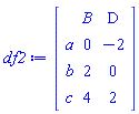 DataFrame(Matrix(3, 2, {(1, 1) = 0, (1, 2) = -2, (2, 1) = 2, (2, 2) = 0, (3, 1) = 4, (3, 2) = 2}), rows = [a, b, c], columns = [B, D])