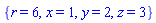 {r = 6, x = 1, y = 2, z = 3}