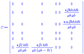 Matrix(6, 6, {(1, 1) = 0, (1, 2) = 0, (1, 3) = 0, (1, 4) = 0, (1, 5) = 0, (1, 6) = 0, (2, 1) = 0, (2, 2) = 0, (2, 3) = 0, (2, 4) = 0, (2, 5) = 0, (2, 6) = `&epsilon;`*`&beta;hh`*Mh/(`&mu;h`*`&mu;b`), (3, 1) = 0, (3, 2) = 0, (3, 3) = 0, (3, 4) = 0, (3, 5) = 0, (3, 6) = `&epsilon;`*omega*`&beta;hh`*Mh/(`&mu;h`*`&mu;b`), (4, 1) = 0, (4, 2) = 0, (4, 3) = 0, (4, 4) = 0, (4, 5) = 0, (4, 6) = 0, (5, 1) = 0, (5, 2) = 0, (5, 3) = 0, (5, 4) = 0, (5, 5) = 0, (5, 6) = 0, (6, 1) = 0, (6, 2) = `&epsilon;`*beta1*Mb/(`&mu;h`*`&mu;b`), (6, 3) = `&epsilon;`*beta1*Mb/(`&mu;b`*(`&mu;h`-delta1)), (6, 4) = 0, (6, 5) = 0, (6, 6) = 0})