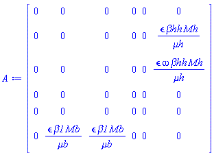 Matrix(6, 6, {(1, 1) = 0, (1, 2) = 0, (1, 3) = 0, (1, 4) = 0, (1, 5) = 0, (1, 6) = 0, (2, 1) = 0, (2, 2) = 0, (2, 3) = 0, (2, 4) = 0, (2, 5) = 0, (2, 6) = `&epsilon;`*`&beta;hh`*Mh/`&mu;h`, (3, 1) = 0, (3, 2) = 0, (3, 3) = 0, (3, 4) = 0, (3, 5) = 0, (3, 6) = `&epsilon;`*omega*`&beta;hh`*Mh/`&mu;h`, (4, 1) = 0, (4, 2) = 0, (4, 3) = 0, (4, 4) = 0, (4, 5) = 0, (4, 6) = 0, (5, 1) = 0, (5, 2) = 0, (5, 3) = 0, (5, 4) = 0, (5, 5) = 0, (5, 6) = 0, (6, 1) = 0, (6, 2) = `&epsilon;`*beta1*Mb/`&mu;b`, (6, 3) = `&epsilon;`*beta1*Mb/`&mu;b`, (6, 4) = 0, (6, 5) = 0, (6, 6) = 0})