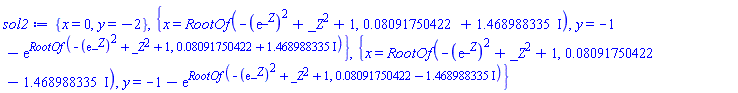{x = 0, y = -2}, {x = RootOf(-(exp(_Z))^2+_Z^2+1, 0.8091750422e-1+1.468988335*I), y = -1-exp(RootOf(-(exp(_Z))^2+_Z^2+1, 0.8091750422e-1+1.468988335*I))}, {x = RootOf(-(exp(_Z))^2+_Z^2+1, 0.8091750422e-1-1.468988335*I), y = -1-exp(RootOf(-(exp(_Z))^2+_Z^2+1, 0.8091750422e-1-1.468988335*I))}