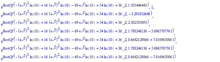 exp(RootOf(-(exp(_Z))^3*ln(10)+16*(exp(_Z))^2*ln(10)-69*exp(_Z)*ln(10)+54*ln(10)+36*_Z, 1.505446443)), 1, exp(RootOf(-(exp(_Z))^3*ln(10)+16*(exp(_Z))^2*ln(10)-69*exp(_Z)*ln(10)+54*ln(10)+36*_Z, -3.291052648)), exp(RootOf(-(exp(_Z))^3*ln(10)+16*(exp(_Z))^2*ln(10)-69*exp(_Z)*ln(10)+54*ln(10)+36*_Z, 2.302585093)), exp(RootOf(-(exp(_Z))^3*ln(10)+16*(exp(_Z))^2*ln(10)-69*exp(_Z)*ln(10)+54*ln(10)+36*_Z, 1.788246136-5.696578776*I)), exp(RootOf(-(exp(_Z))^3*ln(10)+16*(exp(_Z))^2*ln(10)-69*exp(_Z)*ln(10)+54*ln(10)+36*_Z, .6642129866+7.816965006*I)), exp(RootOf(-(exp(_Z))^3*ln(10)+16*(exp(_Z))^2*ln(10)-69*exp(_Z)*ln(10)+54*ln(10)+36*_Z, 1.788246136+5.696578776*I)), exp(RootOf(-(exp(_Z))^3*ln(10)+16*(exp(_Z))^2*ln(10)-69*exp(_Z)*ln(10)+54*ln(10)+36*_Z, .6642129866-7.816965006*I))