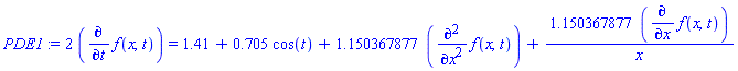 2*(diff(f(x, t), t)) = 1.41+.705*cos(t)+1.150367877*(diff(diff(f(x, t), x), x))+1.150367877*(diff(f(x, t), x))/x