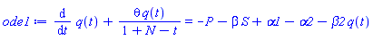diff(q(t), t)+theta*q(t)/(1+N-t) = -P-beta*S+alpha1-alpha2-beta2*q(t)