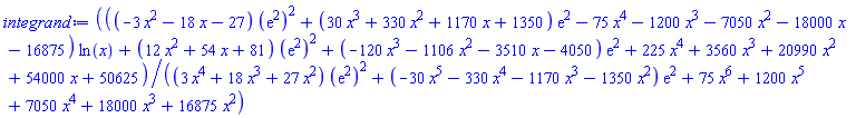 (((-3*x^2-18*x-27)*(exp(2))^2+(30*x^3+330*x^2+1170*x+1350)*exp(2)-75*x^4-1200*x^3-7050*x^2-18000*x-16875)*ln(x)+(12*x^2+54*x+81)*(exp(2))^2+(-120*x^3-1106*x^2-3510*x-4050)*exp(2)+225*x^4+3560*x^3+20990*x^2+54000*x+50625)/((3*x^4+18*x^3+27*x^2)*(exp(2))^2+(-30*x^5-330*x^4-1170*x^3-1350*x^2)*exp(2)+75*x^6+1200*x^5+7050*x^4+18000*x^3+16875*x^2)